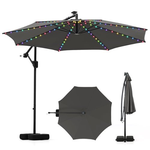 Costway - 10 FT Solar Offset Hanging Umbrella with 96 Solar Multi-colored Flowing LED Lights - Gray-Front_Standard 