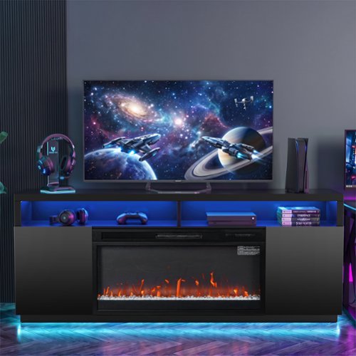 Ihomeadore - 68" LED TV Stand with Storage and 36" Insert Electric Fireplace for TVs up to 78" - Black-Front_Standard 