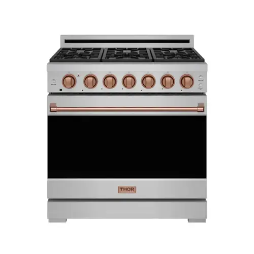Front. Thor Kitchen - Gordon Ramsay Series by Thor Kitchen 6.0 Cu. Ft Freestanding Gas Range with Rose Gold Hardware - Stainless Steel.