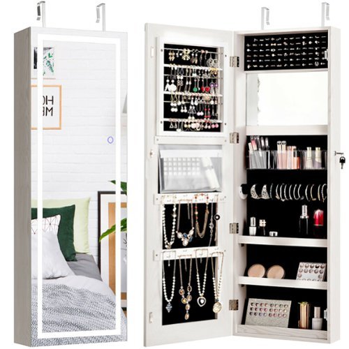 Costway Door Wall Mount Touch Screen LED Light Mirrored Jewelry Cabinet Storage - White