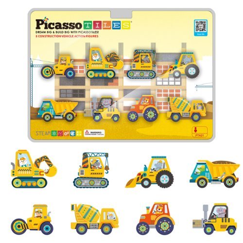 PicassoTiles - PICASSO-TILES Construction Truck Vehicle for Magnetic Tiles, STEM Building Blocks Educational Toy, 8PCS-Front_Standard 