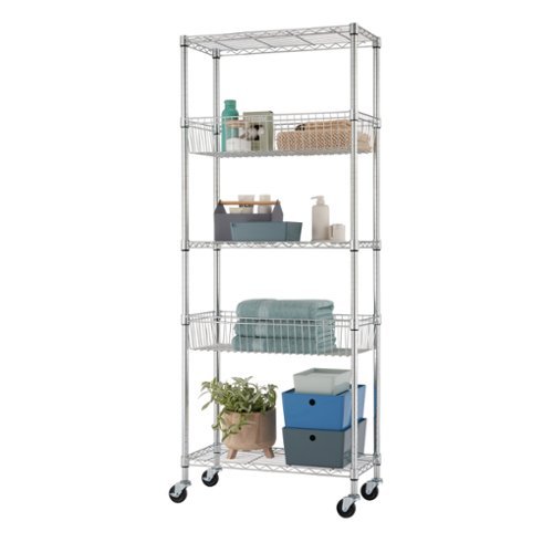 TRINITY - EcoStorage 5-Tier | 30x14x72 | Modular Commercial Wire Shelving | NSF | w/ Baskets & Wheels - Chrome