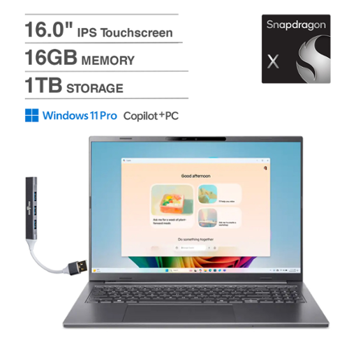Acer - Aspire 16 AI Laptop 16.0 WUXGA (Qualcomm Snapdragon X X1-26-100, 16GB LPDDR5X, 1TB SSD, Win 11 Pro) w/USB Hub - Steel Gray-Front_Standard 