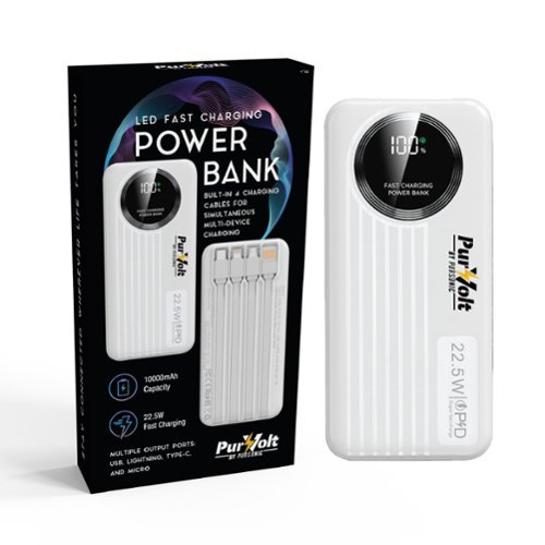  Pursonic - 10,000mAh LED Fast Charging Power Bank Built-in Cables, 22.5W Output, Type-C/USB/Lightning Compatibility - White