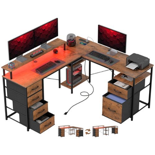 Homcom - 66" L Shaped Gaming Desk, Reversible 2 Person Computer Desk with File Cabinet and Power Outlets - Rustic Brown-Front_Standard 