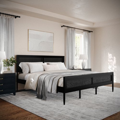Martha Stewart - Jax Wooden King Platform Bed with Rattan Inset Headboard and Footboard-Black - Black