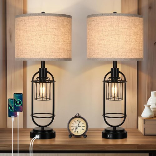 Nordic Hygge - Set of 2 Table Lamps for Living Room with USB Ports, 29" Tall 2-Light Bedside Lamps, Farmhouse Nightstand Lamp - Cream-Front_Standard 