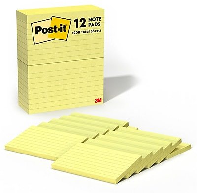 Post-it - Notes, 3" x 5", Canary Collection, Lined, 100 Sheet/Pad, 12 Pads/Pack (635YW) - Canary Yellow
