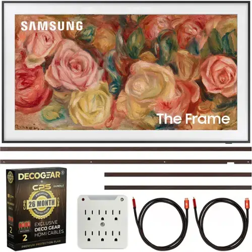 SAMSUNG  
The Frame  

DECOCGEAR + CPS BUNDLE  
PREMIUM  
26 MONTH CPS PROTECTION  
EXCLUSIVE  
DECOCGEAR INCLUDES CABLES - HDMI 2  
PREMIUM PROTECTION PLAN
