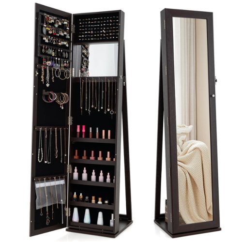 Costway Mirrored Jewelry Cabinet Armoire Lockable Standing Storage Organizer with Shelf - Dark Brown