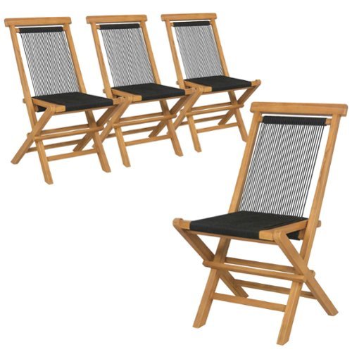 Costway - 4 PCS Patio Folding Chairs with Woven Rope Seat & Back Indonesia Teak Wood for Porch - Natural + Black-Front_Standard 