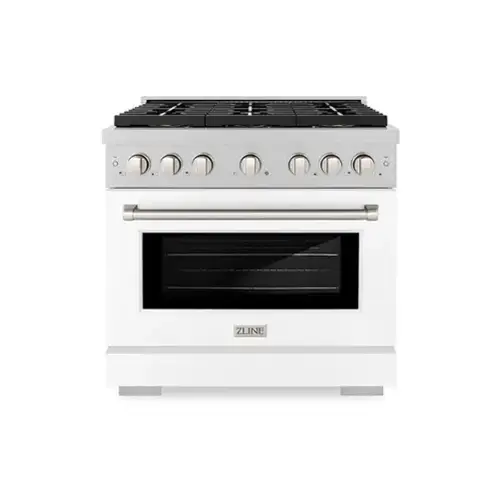 Front. ZLINE - ZLINE 36 in. 5.2 cu. ft. Freestanding Paramount Dual Fuel Range with DuoPro Cooktop in Satin Steel with White Matte Door - White Matte.