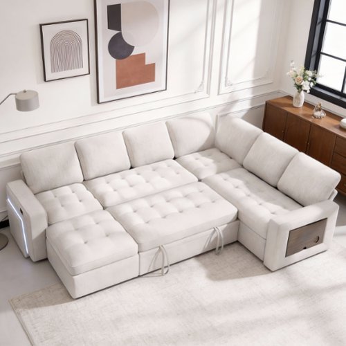 Dyonery - 7 Seat L Shaped Modular Sectional Sleeper Sofa Bed with Pull Out Bed/Reclining Backrest/USB Ports/Storage Seat - Beige-Front_Standard 
