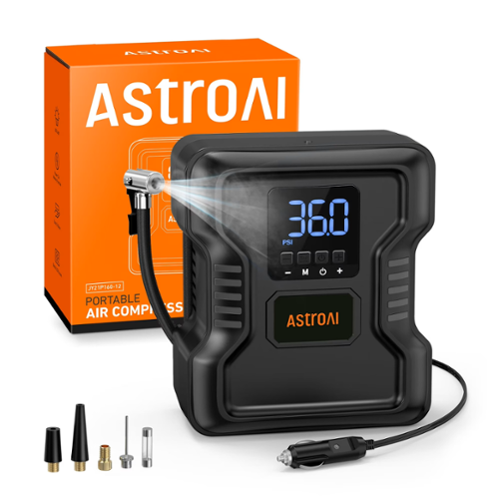 AstroAI - Portable 150PSI Tire Inflator, 12V DC compact air pump with emergency LED and auto shutoff for cars - Black-Front_Standard 