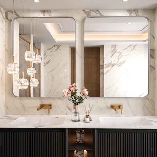 LOVMOR Tempered Glass Rounded Rectangle Framed Wall-Mounted Bathroom Vanity Mirror - 40 x 32 - Silver GLOBAL SHIPPING