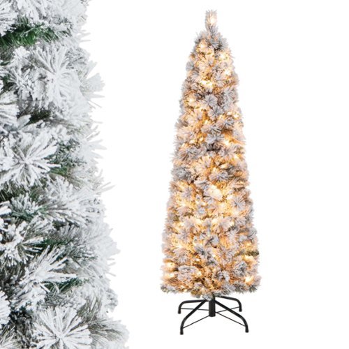 Costway - 4.5 FT Pre-Lit Slim Christmas Tree Flocked Decoration with Pine Needles & Lights - Green /White
