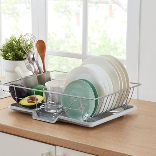 Sweet Home Collection - Steel 3-Piece Large Countertop Dish Drainer with Drain Board & Utensil Holder - Silver-Front_Standard 