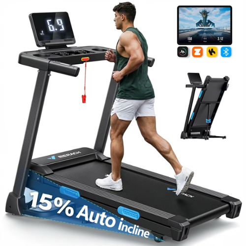 MERACH - T12 Folding Treadmill with 15% Auto Incline, 300 LBS Capacity, 0.5-7.5MPH Quiet 3.0HP Incline, Smart APP - Black-Front_Standard 