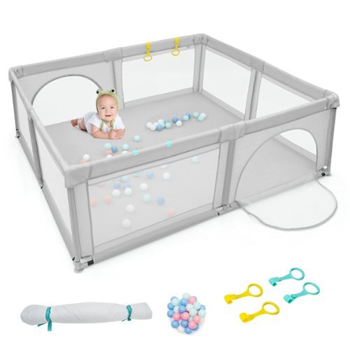 Gymax - Extra Large Baby Playpen Safety Baby Play Yard w/ 50 Ocean Balls & 4 Handles Light Grey - Light Gray-Front_Standard 