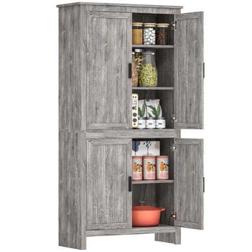 Homcom - 64" Kitchen Pantry Cabinet, Freestanding Storage Cabinet with 4 Doors and 3 Adjustable Shelves for Dining Room - Gray-Front_Standard 