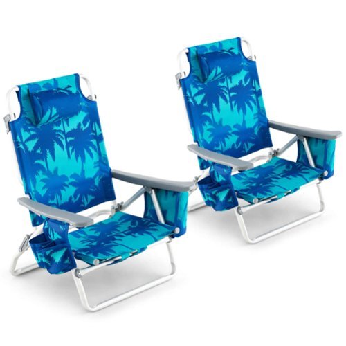 Costway - 2-Pack Folding Backpack Beach Chair 5-Position Outdoor Reclining Chairs with Pillow - Dark Blue-Front_Standard 