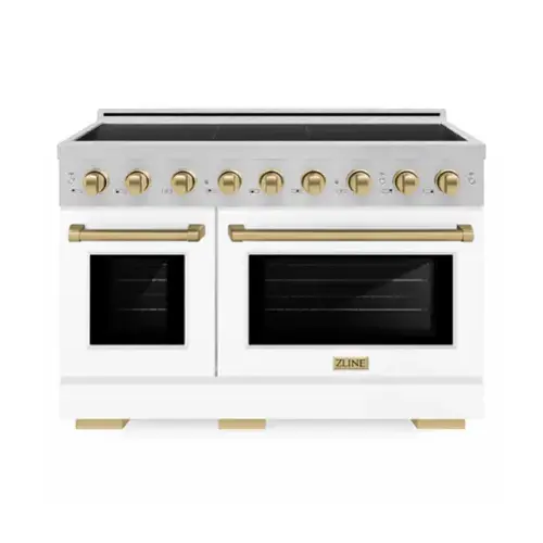 Front. ZLINE - Autograph 48 in. 6.7 cu. ft. Paramount Freestanding Induction Range in Satin Steel with White Doors and Bronze Accents - Matte White.