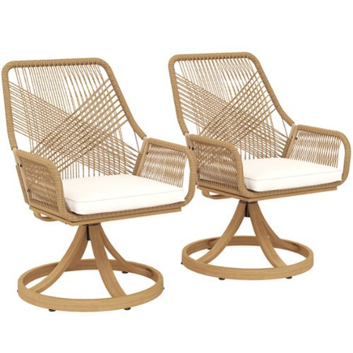 Outsunny - Swivel Patio Chairs Set of 2, Rattan Outdoor Patio Dining Chairs with Soft Cushions and Metal Frame for Backyard, Lawn - Khaki-Front_Standard 