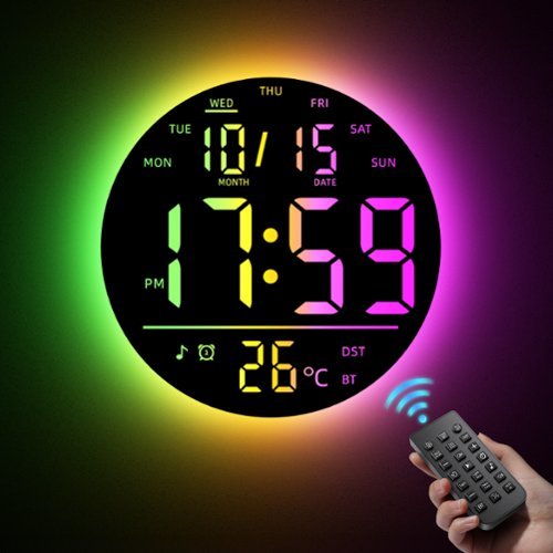 Easyera - 10" Digital Wall Clock with Remote Control, Music Sync RGB Light, LED Display, Dual Alarms, Auto DST, Power via plug - Black-Front_Standard 