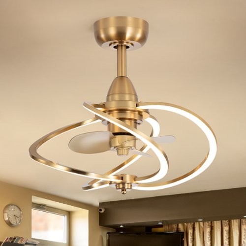 Breezary - 20-Inch Indoor Gyro Cage Ceiling Fan with Light Kit, 3 ABS Blades, DC Motor, 6-Speed Remote Control, Timer, 6-In Downrod - Antique Brass with Gold-Copper-Front_Standard 