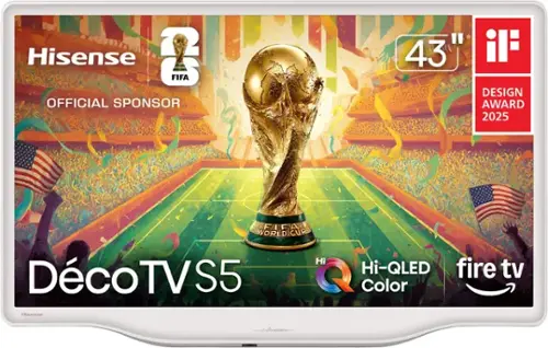Hisense 43" FIFA OFFICIAL SPONSOR DESIGN AWARD 2025 FIFA WORLD CUP  
Déco TV S5  
Hi-QLED Color  
fire tv  
Hi-QLED