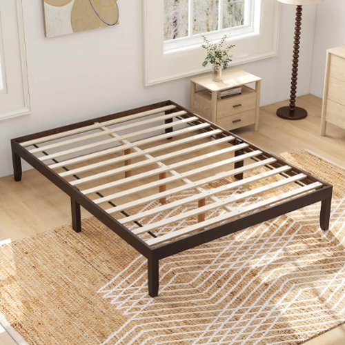 Costway Queen Size Wooden Platform Bed Frame 14" with Rubber Wood Legs Under-bed Storage - Brown