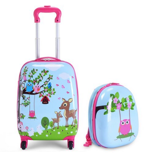 Costway 2Pcs 12'' 16'' Kids Luggage Set Suitcase Backpack School Travel Trolley ABS - pink & light blue