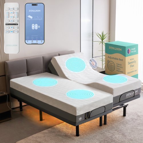 Renanim - SF Split King Adjustable Bed with Mattress - 14" Cooling Gel Hybrid Mattress, Massage, Zero Gravity Electric Bed - Gray-Front_Standard 