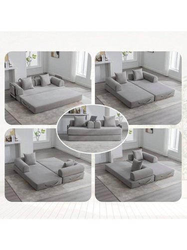 Trinkets Crazed - Convertible Sleeper Sofa Bed With 2 Pillows, 78.5" Corduroy Folding Mattress Couch With Fixed-Shape Frame - Light Gray-Front_Standard 