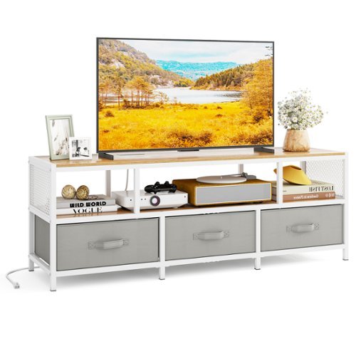 Gymax - TV Stand for TVs up to 65'' w/ Power Outlets USB Charging Open Shelf Natural - Natural, Gray, White-Front_Standard 