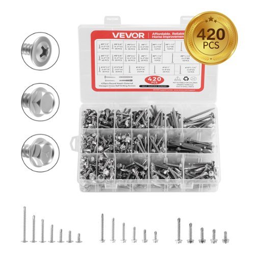 VEVOR - 420 PCS Self Drilling Screws, Stainless Steel #8 #10 Sheet Metal Screw Assortment Kit, Length 1/2 Inch to 2 Inch - Silver-Front_Standard 