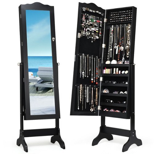 Costway Mirrored Jewelry Cabinet Mirror Organizer Storage Box Stand - Black