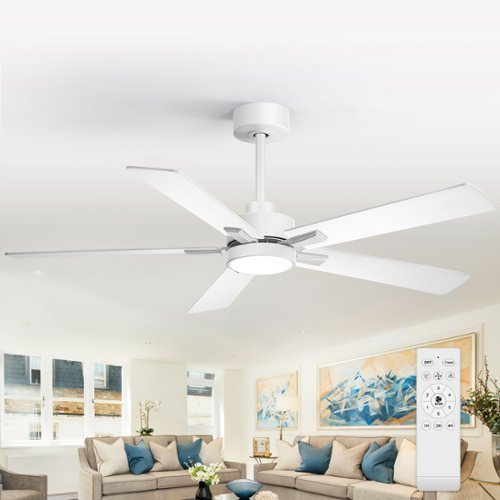 Breezary - 52" Modern Indoor Ceiling Fan with LED Light, 5 Reversible Plywood Blades, 6-Speed DC Motor, Remote, Timer, 5" Downrod - White-Front_Standard 