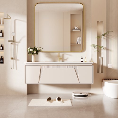 LOVMOR Tempered Glass Rounded Rectangle Framed Wall-Mounted Bathroom Vanity Mirror - 36 x 36 - Gold WORLDWIDE DELIVERY