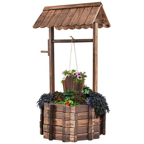 Costway - Outdoor Wooden Wishing Well Bucket Flower Plants Planter Patio Garden Home Decor - Brown-Front_Standard 