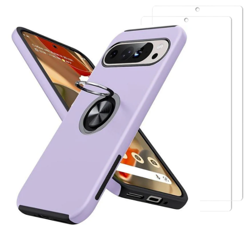 Entronix - Ultimate Protection Bundle for Google Pixel 9 Pro XL - 360º Ring Gripstand Case with 2 Screen Protectors - Purple-Front_Standard 