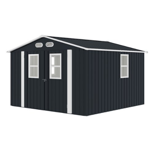 Mondawe - 8x8 FT Outdoor Storage Shed with Protective Film, Four Daylight Windows and Lockable Doors - Dark Gray-Front_Standard 