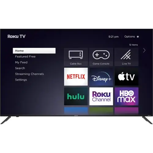 Roku TV  
9:21 pm  
Options  
12 Items  

Home  
Featured Free  
My Feed  
Search  
Streaming Channels  
Settings  

Cable Box  
Game Console  
Live TV  

NETFLIX  
Disney+  
Apple TV  
hulu  
Roku Channel  
HBO Max