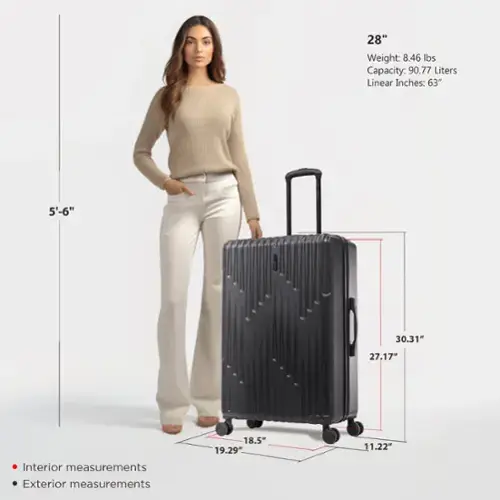 - **Height:** 28"
- **Weight:** 8.46 lbs
- **Capacity:** 90.77 Liters
- **Linear Inches:** 63"

**Interior Measurements:**
- **Height:** 27.17"
- **Width:** 19.29"
- **Depth:** 11.22"

**Exterior Measurements:**
- **Height:** 30.31"
- **Width:** 18.5"
- **Depth:** 8.5"

**Reference Height:** 5'-6"