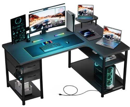 GTPlayer - L-Shape Carbon Fiber 2-Drawer Gaming Desk - Black