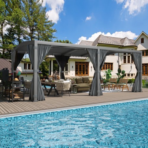 U-HOMY - 12x20 Aluminum Louvered Pergola with Adjustable Roof, Dark Grey Outdoor Patio Gazebo with Curtains & Nets - Black-Front_Standard 