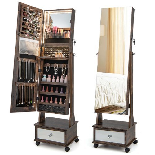 Costway Jewelry Cabinet Armoire Full-Length Mirror Lockable with 3-Color LED Lights - Coffee
