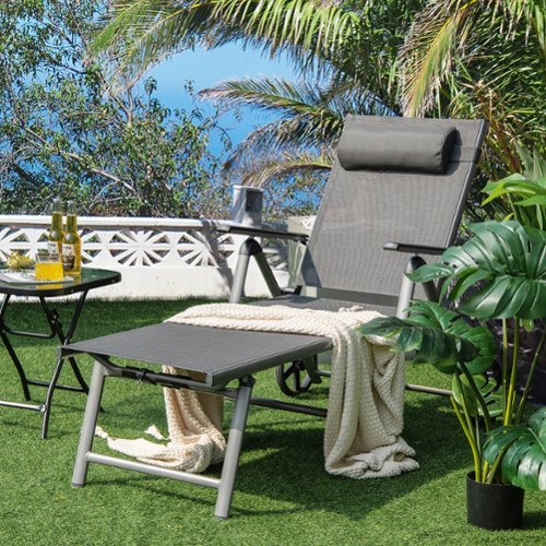 Gymax - Patio Recliner Chair Outdoor Adjustable Folding Chaise Lounge Chair w/ 2 Wheels - Black-Front_Standard 