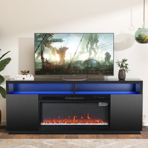 Ihomeadore - 68" LED TV Stand with Storage and 36" Insert Electric Fireplace for TVs up to 78" - Black-Front_Standard 