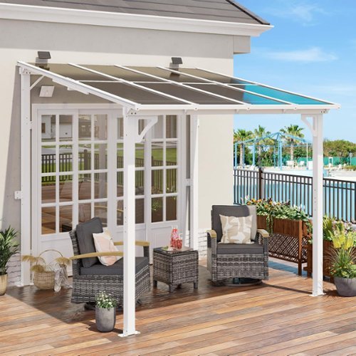 Yardgrace - 8'x 8' Outdoor Wall Mounted Lean-to Gazebo, Heavy Duty Sloped Roof Metal Awning for Patio, Decks & Backyard - White-Front_Standard 